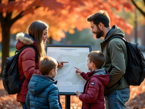 Family exploring Boston Common with Freedom Trail map in autumn