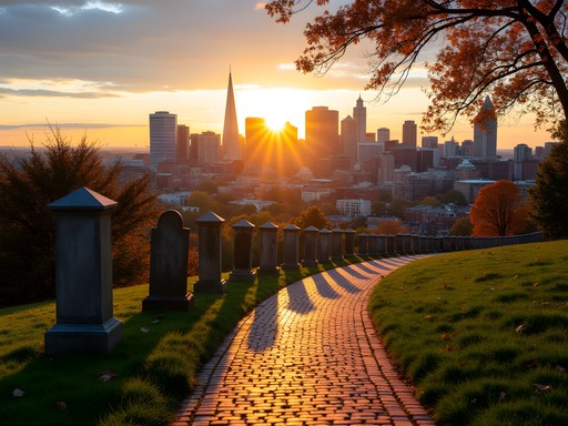 Woman standing on Freedom Trail with Boston skyline view at sunset