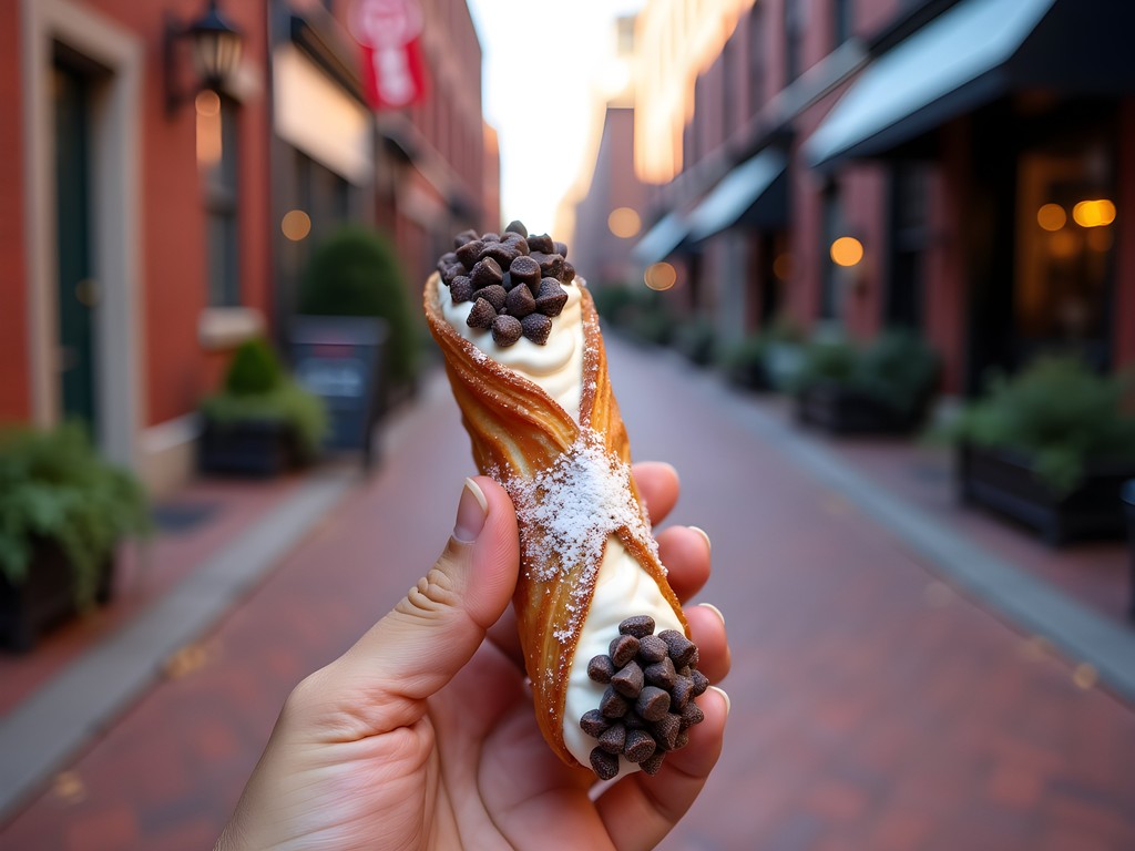 Fresh cannoli from Boston's North End with Freedom Trail brick path