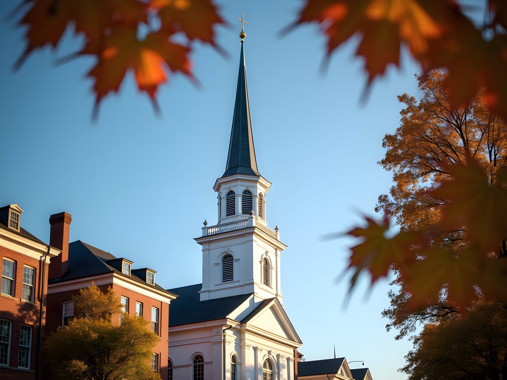 Old North Church steeple against autumn sky in Boston