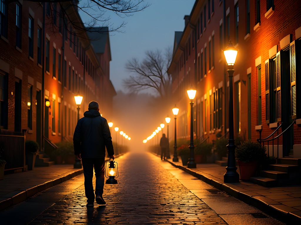 Atmospheric lantern-lit evening tour of historic Beacon Hill in Boston with gas lamps illuminating cobblestone streets