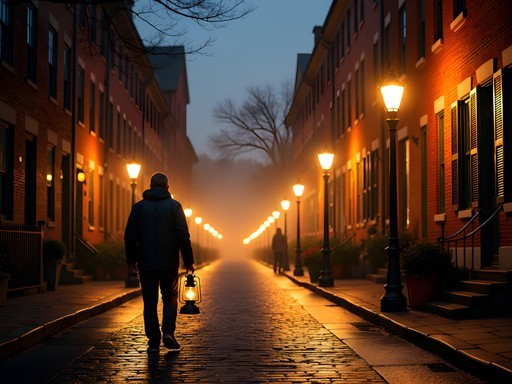 Atmospheric lantern-lit evening tour of historic Beacon Hill in Boston with gas lamps illuminating cobblestone streets