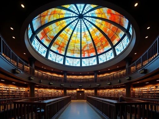 Illuminated three-story stained glass globe of the Mapparium at Mary Baker Eddy Library in Boston