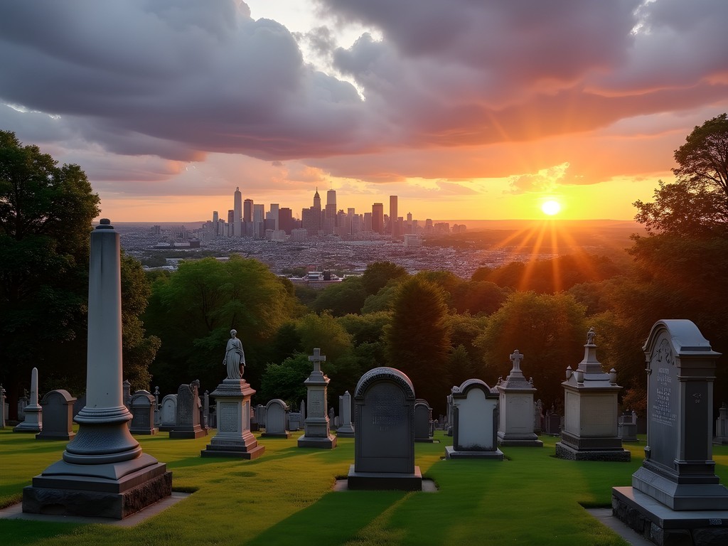 Sunset view of Boston skyline from Mount Auburn Cemetery with historic gravestones in foreground