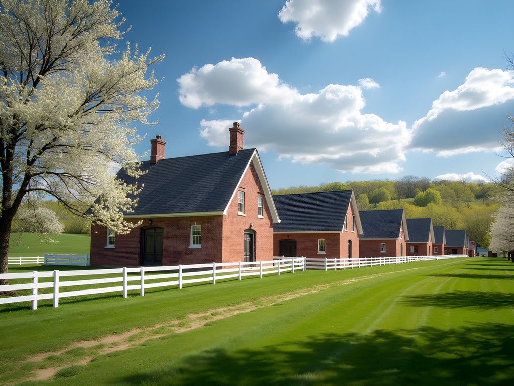 The historic South Union Shaker Village with its distinctive architecture surrounded by spring blooms