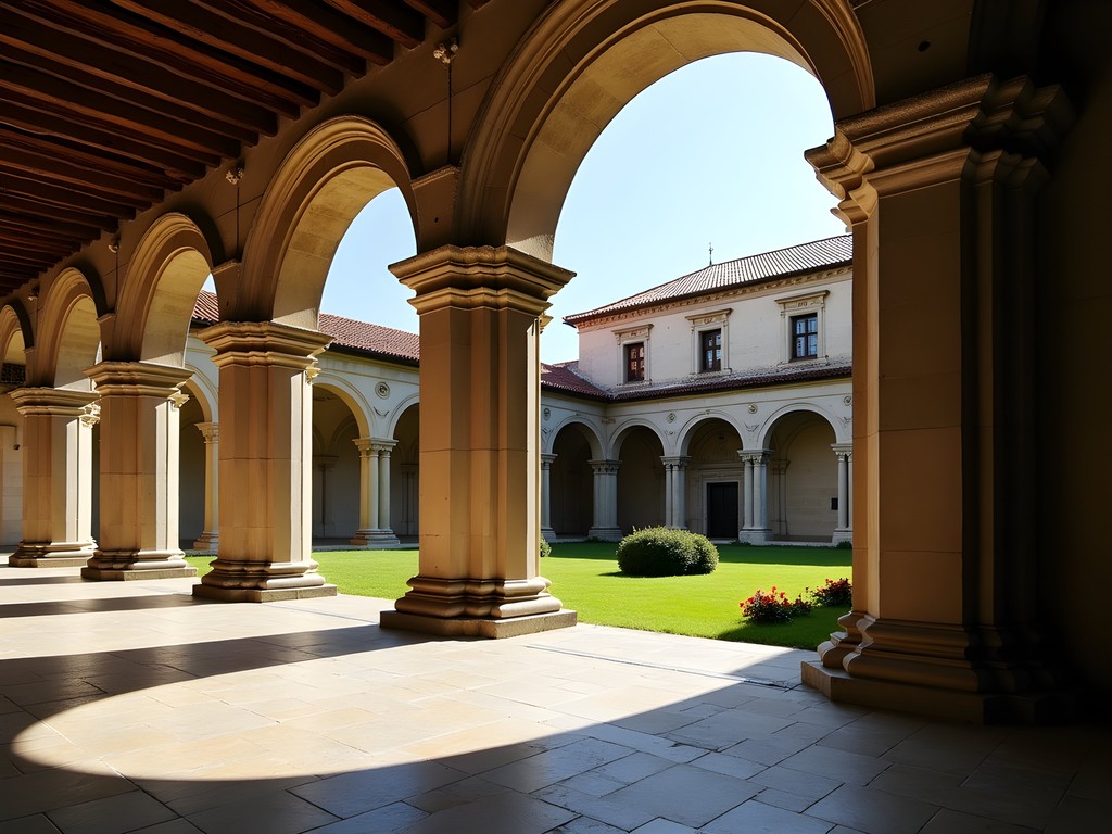 Sunlit cloister of São Martinho de Tibães Monastery with ornate architectural details and garden