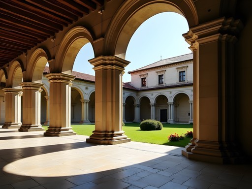 Sunlit cloister of São Martinho de Tibães Monastery with ornate architectural details and garden