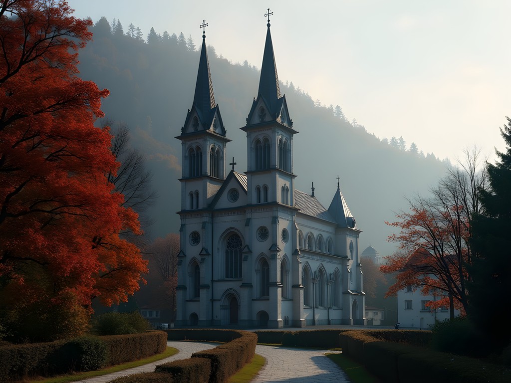 The imposing Gothic facade of Brasov's Black Church surrounded by autumn foliage