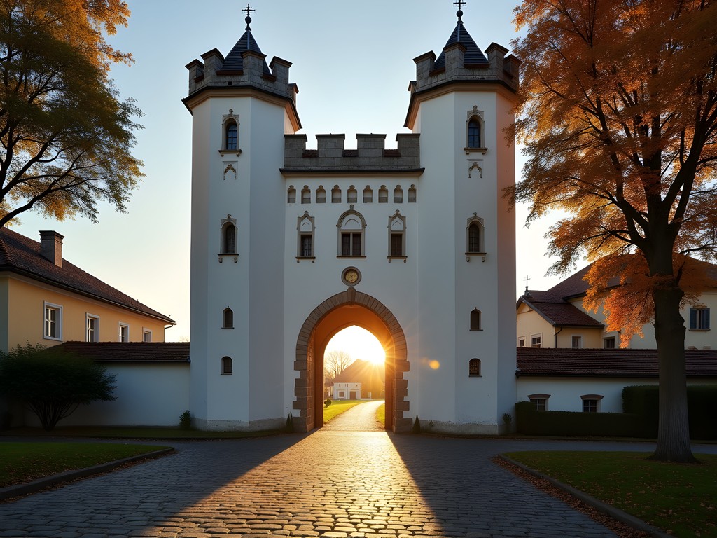 Catherine's Gate in Brasov illuminated by late afternoon autumn light