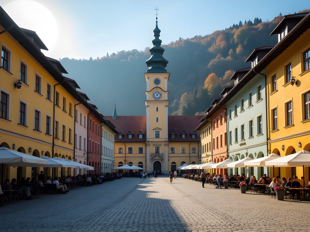 Brasov's Council Square with colorful baroque buildings against autumn mountain backdrop