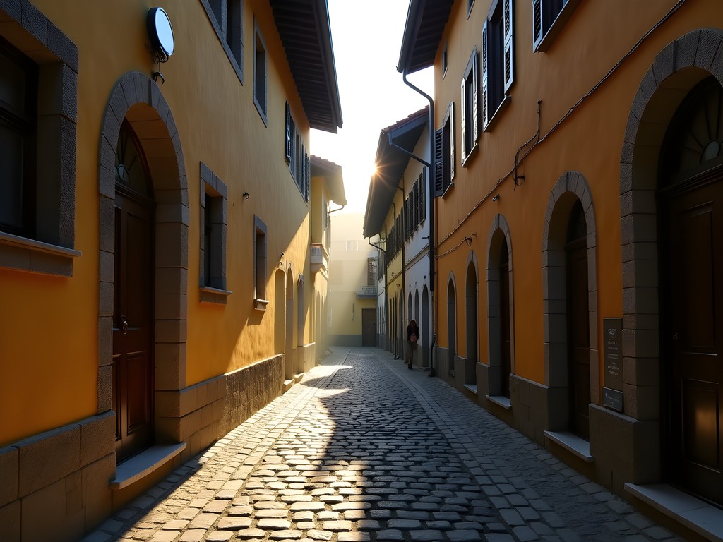 Early morning light filtering through Brasov's narrow Rope Street with historic buildings