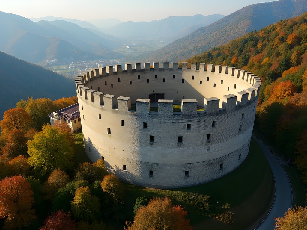 The circular stone Weavers' Bastion in Brasov surrounded by autumn trees