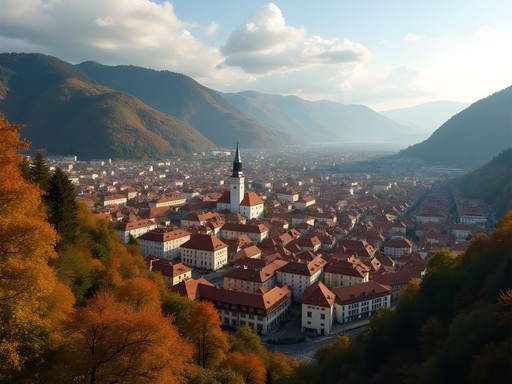 Panoramic view of Brasov's historic center from the White Tower with autumn foliage