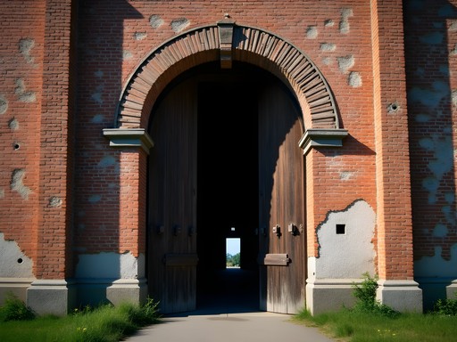 Kholmsky Gate at Brest Fortress showing preserved bullet damage and battle scars on brick walls