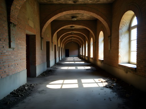 Interior of preserved military barracks at Brest Fortress showing original architecture and battle damage