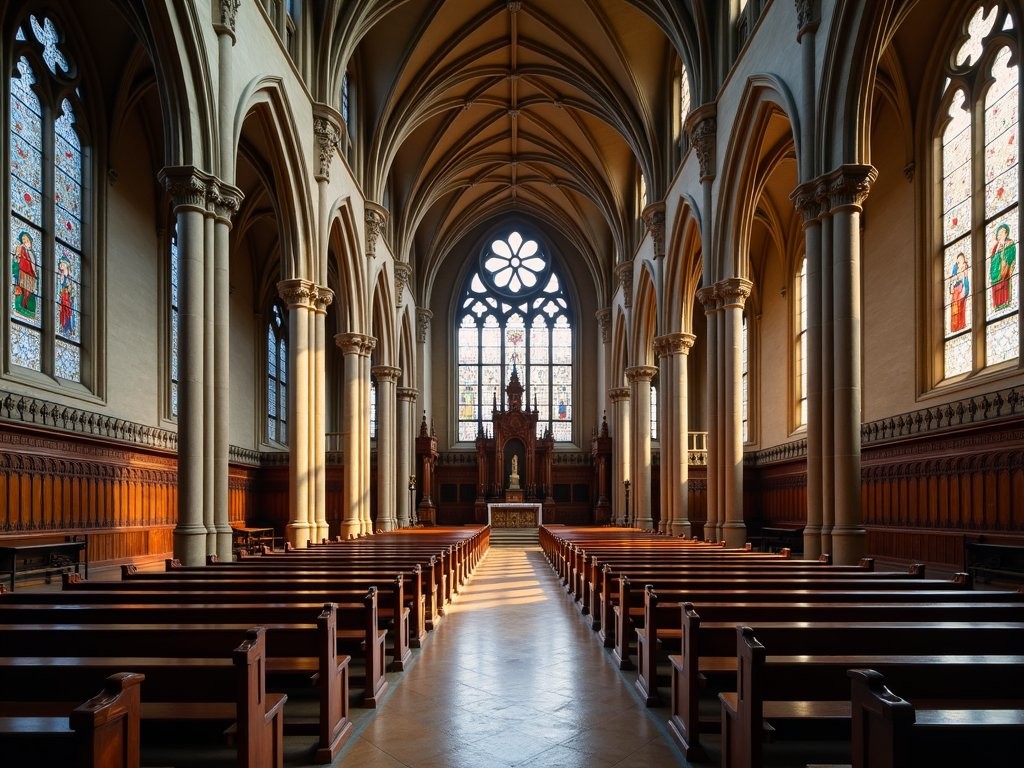 Interior of the upper chapel in the Basilica of the Holy Blood with colorful stained glass and Gothic architecture