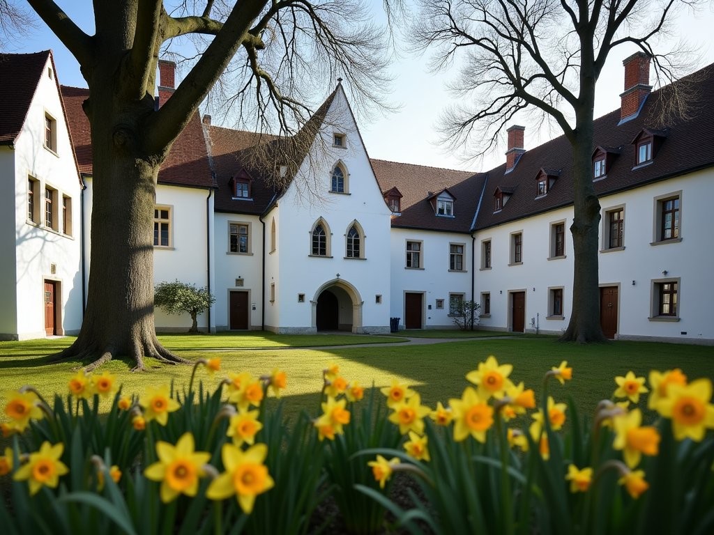 Peaceful courtyard of Bruges' Begijnhof with white houses and spring daffodils