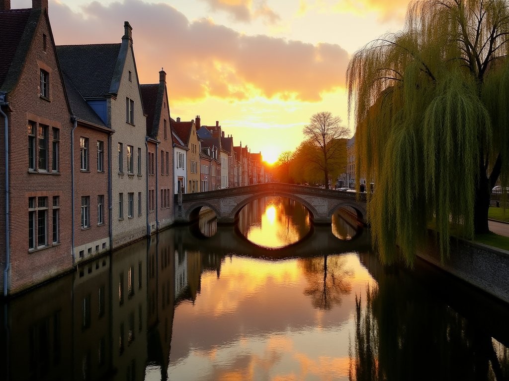 Sunset view of a peaceful Bruges canal with medieval buildings reflecting in the water
