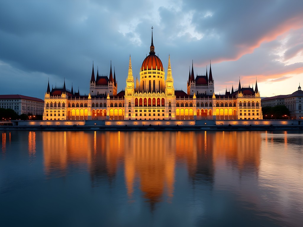 Hungarian Parliament Building illuminated at sunset with reflections in the Danube River