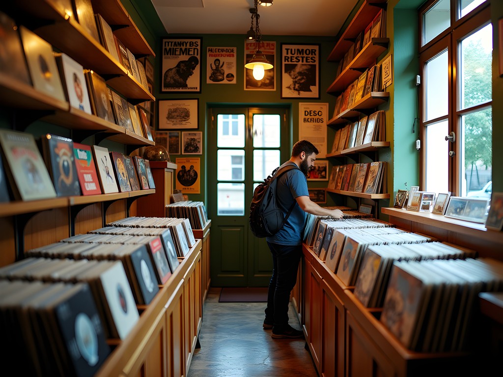 Vintage vinyl records being browsed in a cozy record shop in Budapest's Jewish Quarter
