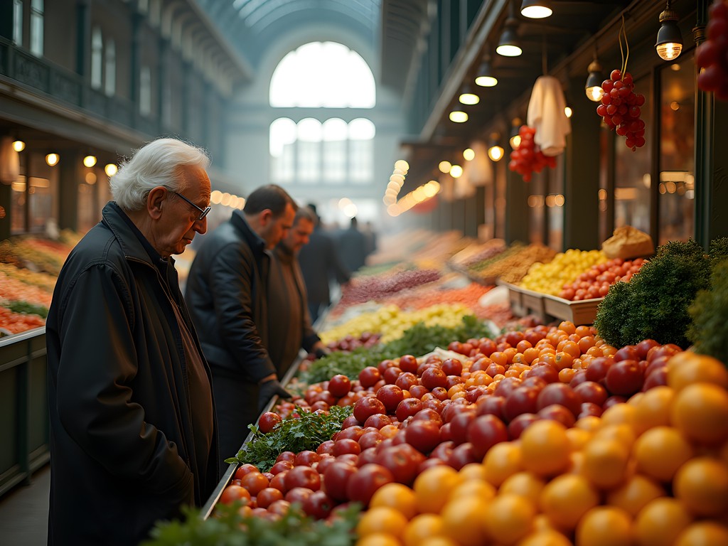 Early morning at Budapest's Great Market Hall showing local vendors setting up colorful produce displays