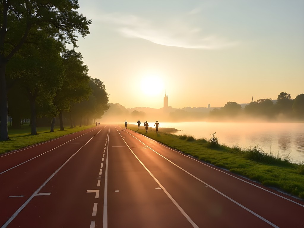 Rubberized running track on Margaret Island at dawn with Danube River views and Budapest skyline