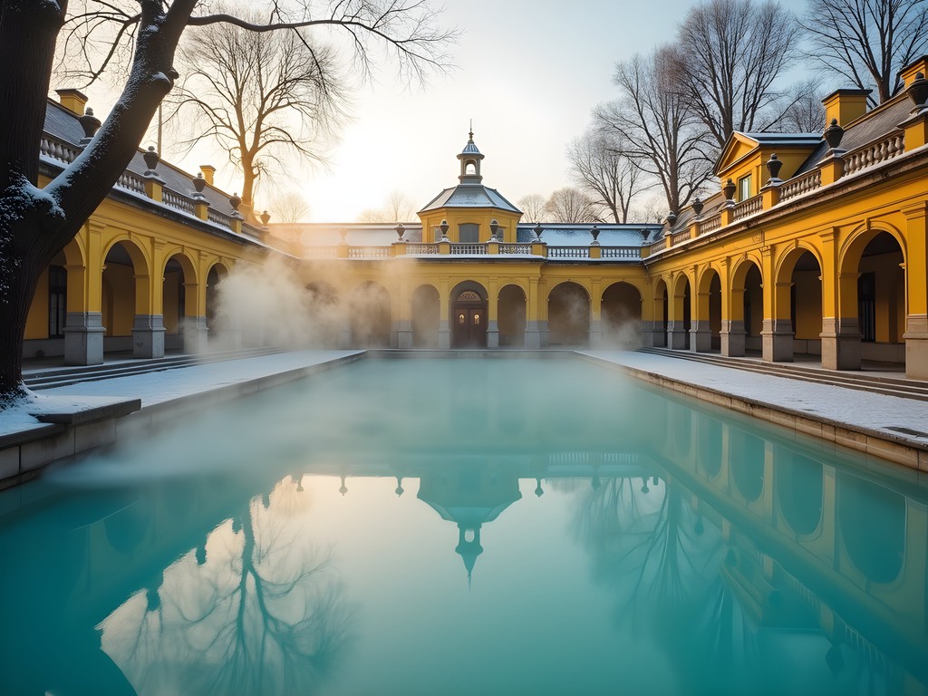 Steaming outdoor pools at Széchenyi Thermal Bath in winter with snow