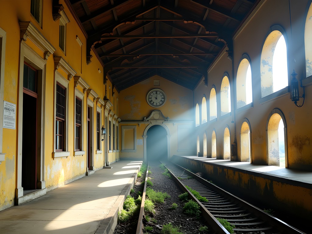 Abandoned yellow colonial railway station in Buenaventura with clock tower