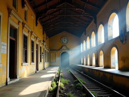 Abandoned yellow colonial railway station in Buenaventura with clock tower