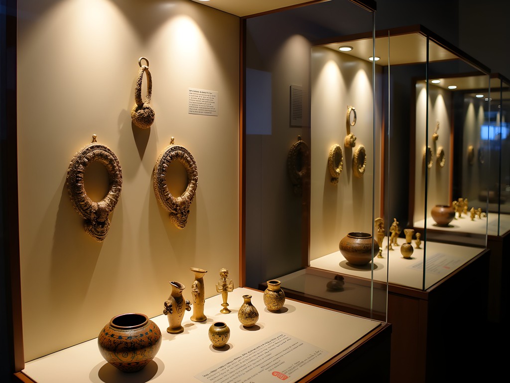Pre-Columbian gold artifacts and pottery from indigenous cultures displayed in Buenaventura's archaeological museum