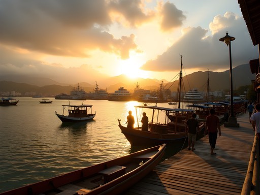 Panoramic view of Buenaventura's harbor and city from the tourist pier at sunset