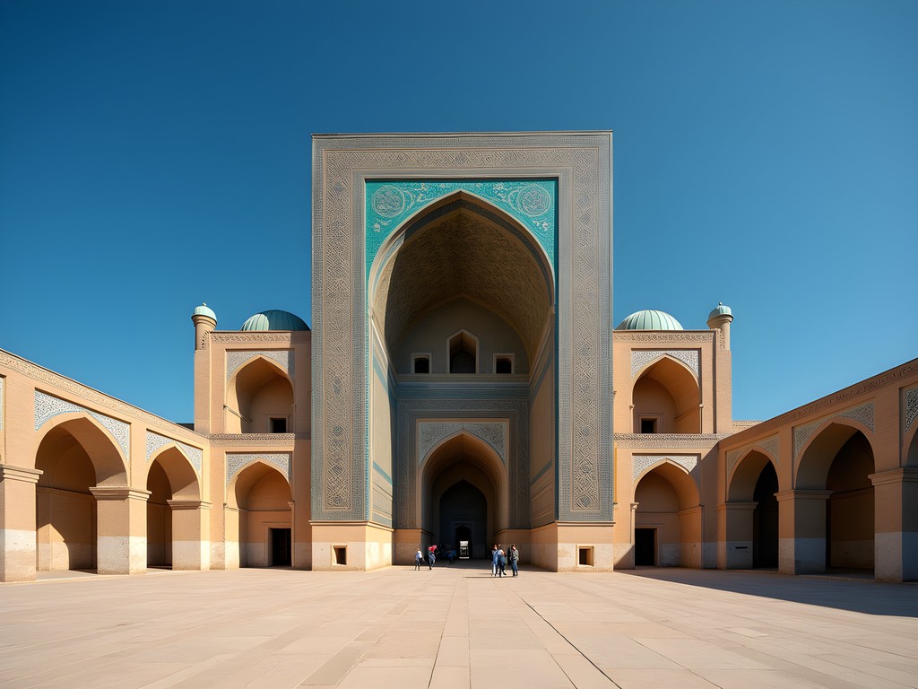 Bibi-Khanym Mosque in Samarkand showing massive entrance portal and partially restored courtyard