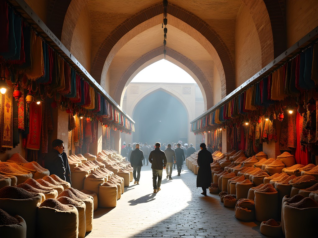 Traditional covered bazaar in Bukhara with vendors selling colorful textiles and spices