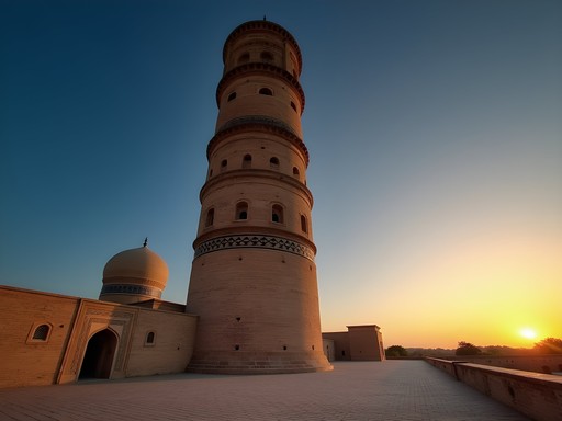 Kalyan Minaret in Bukhara at sunset with golden light on ancient brickwork