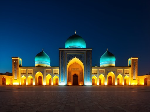 Registan Square in Samarkand illuminated at night with dramatic lighting on turquoise domes
