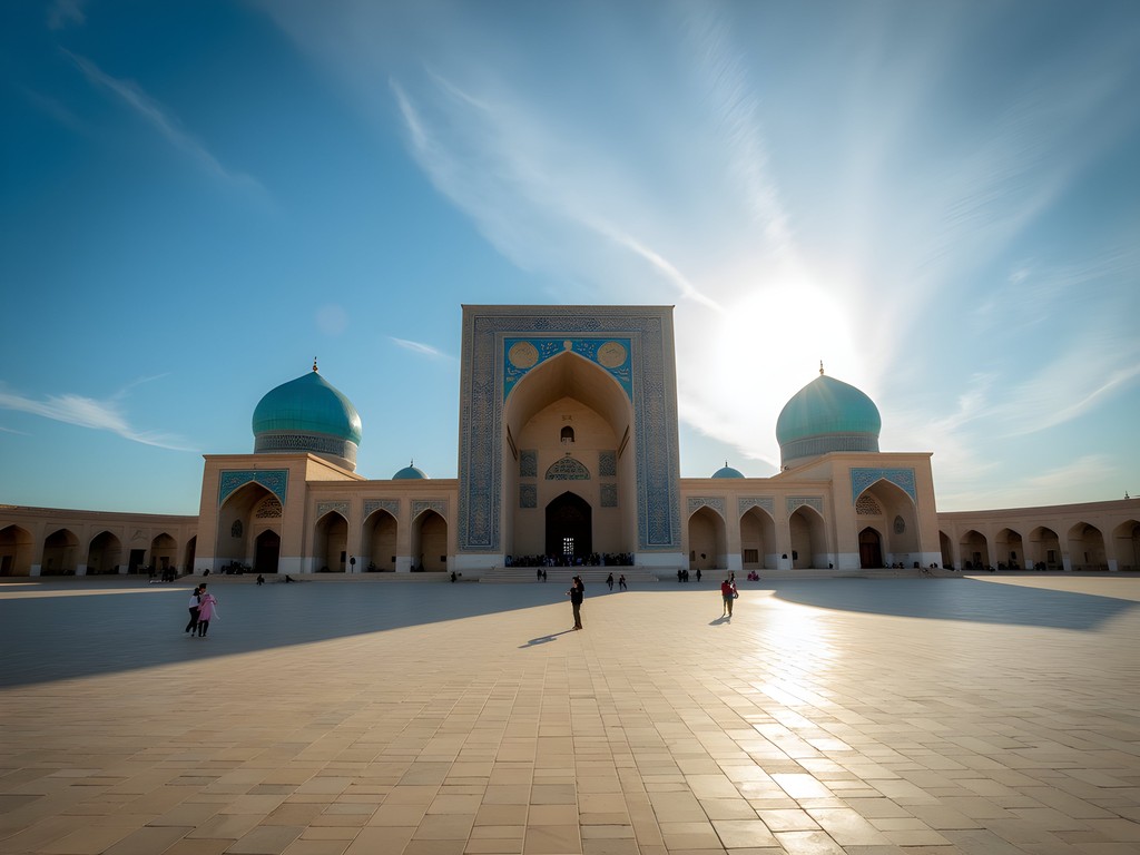 Registan Square in Samarkand with spring morning light illuminating turquoise domes