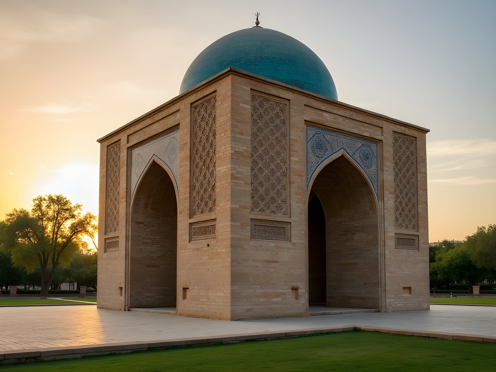 The 10th century Samanid Mausoleum in Bukhara at sunset with intricate brickwork patterns