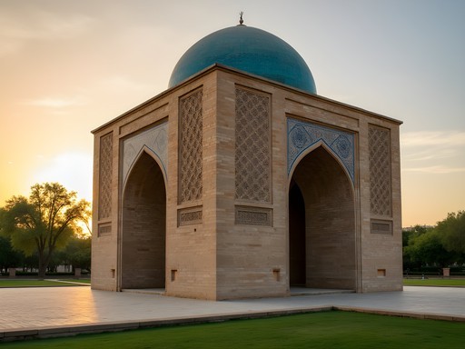 The 10th century Samanid Mausoleum in Bukhara at sunset with intricate brickwork patterns