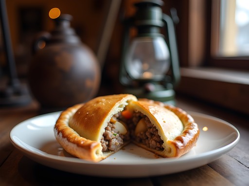 Traditional Butte pasty on plate with mining memorabilia background