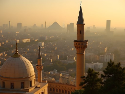 Woman looking out over Cairo skyline from the Citadel with Muhammad Ali Mosque domes visible