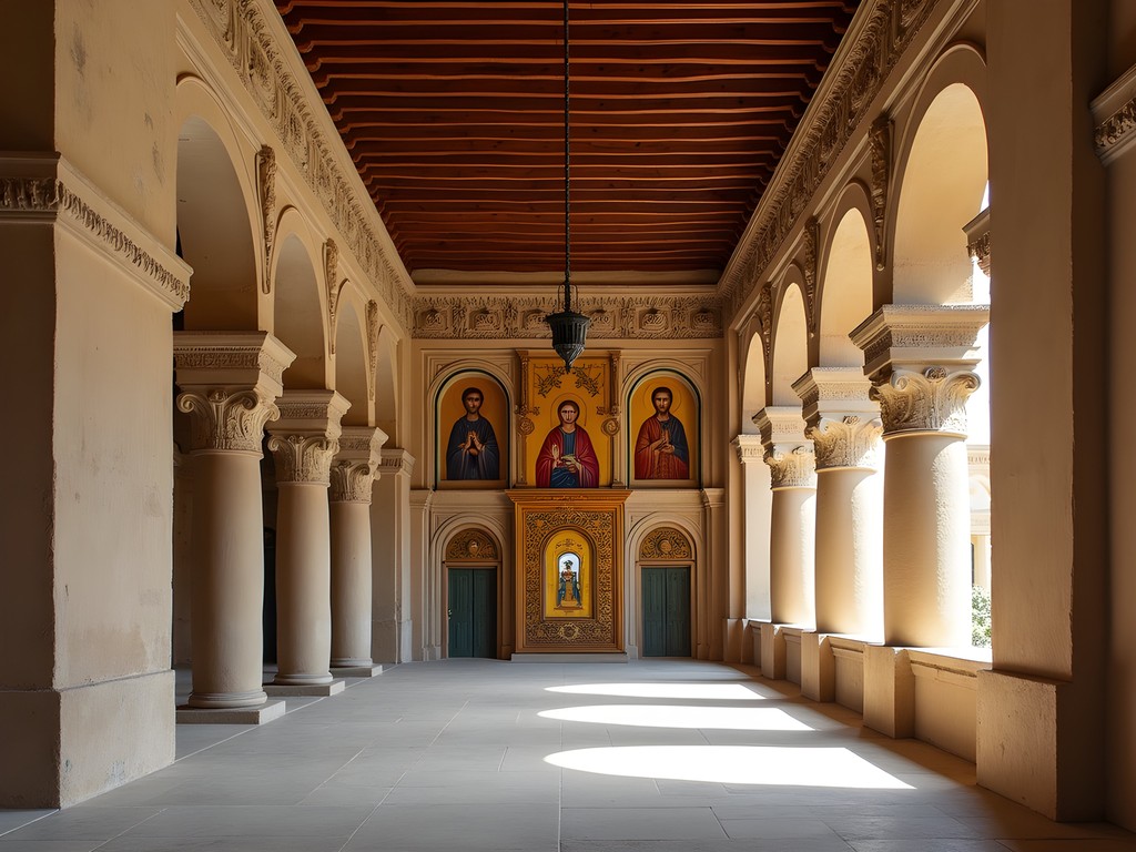 Interior of the historic Hanging Church in Coptic Cairo with ornate iconostasis