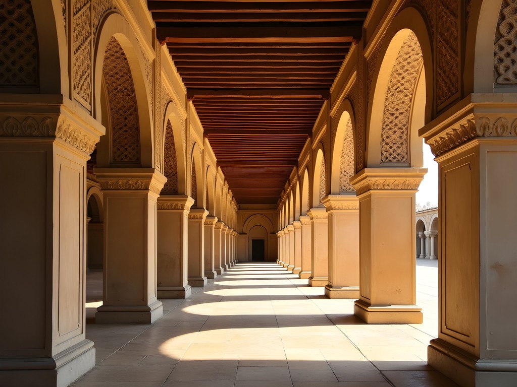 Intricate geometric patterns and arches of Ibn Tulun Mosque in Islamic Cairo