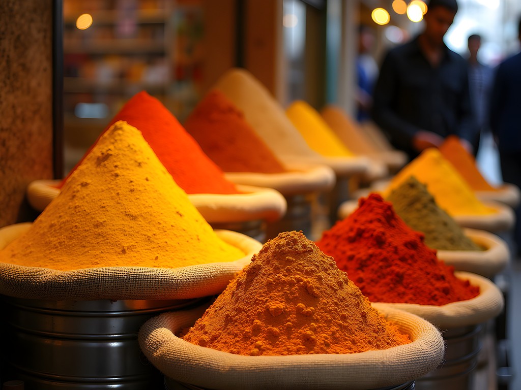 Colorful displays of traditional spices and herbs at Khan el-Khalili market in Cairo