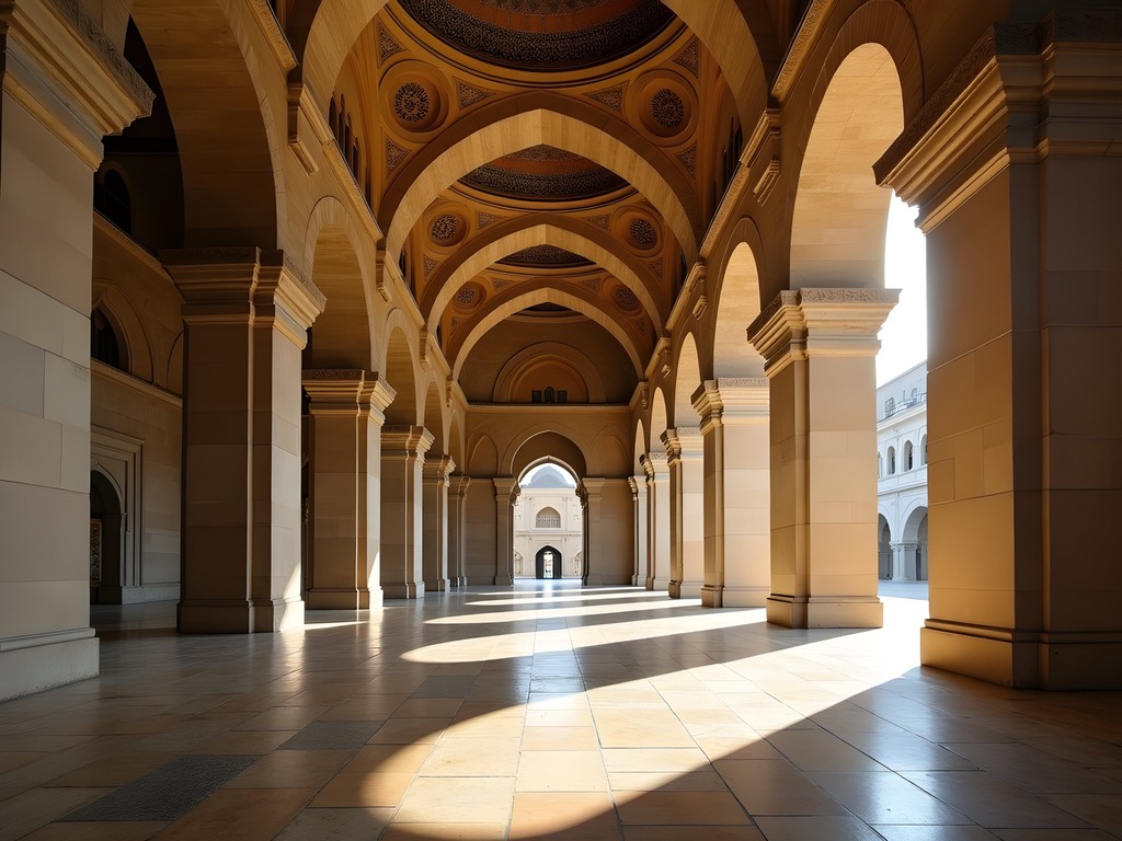 Woman admiring the geometric patterns and soaring architecture inside Sultan Hassan Mosque in Cairo