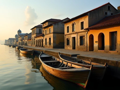 Colonial-era buildings along Calabar waterfront with traditional fishing boats in foreground
