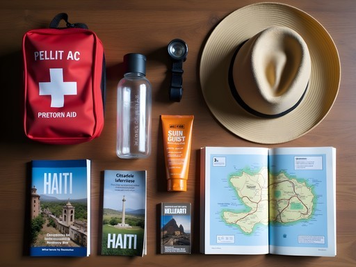 Essential travel items for visiting Haiti including first aid kit, water filter, and guidebook