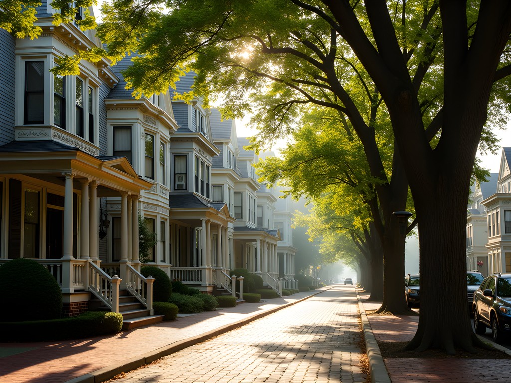 Morning light on a tree-lined street of Victorian homes in Cape May's Historic District