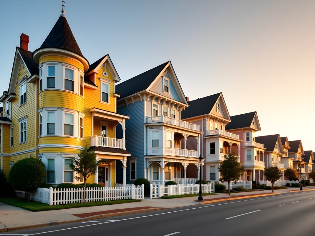 Row of colorful Victorian houses in Cape May at golden hour