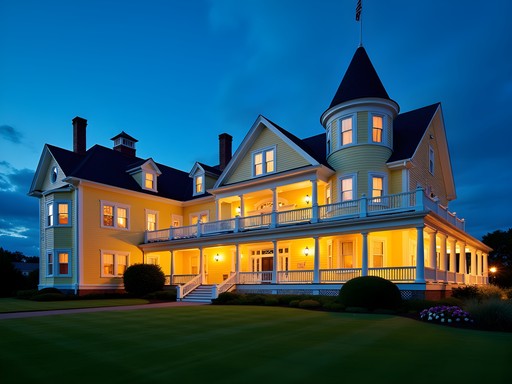 The historic Congress Hall hotel illuminated at dusk in Cape May