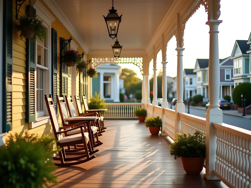 Wraparound porch with rocking chairs at a Victorian bed and breakfast in Cape May